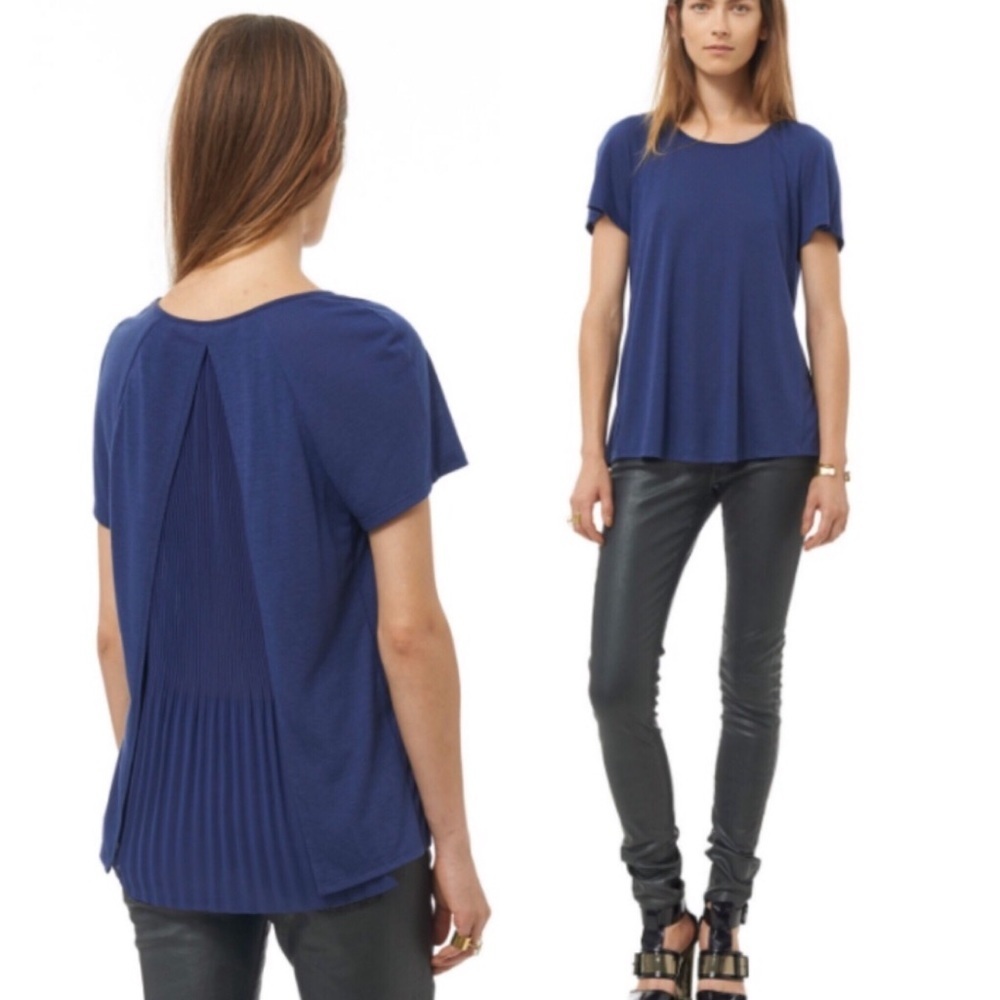 REBECCA TAYLOR SMALL SHORT SLEEVE BLUE TOP WITH SHEER PLEATED BACK